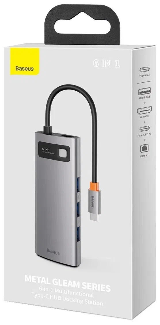 картинка Хаб Baseus Metal Gleam Series 6-in-1 Multifunctional Type-C HUB Docking Station Серый (CAHUB-CW0G) от магазина КомпьютерЦентр