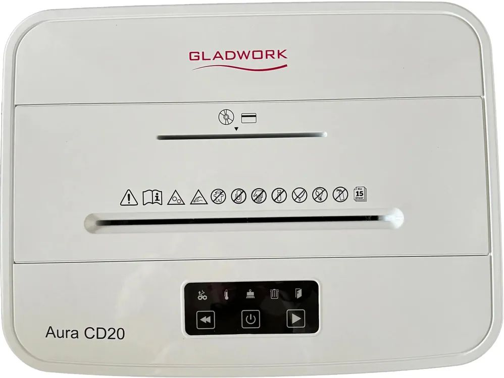 картинка Шредер Gladwork Aura CD20 серый (секр.P-4)/ фрагменты/ 20лист./ 25лтр./ скрепки/ скобы/ пл.карты/ CD от магазина КомпьютерЦентр