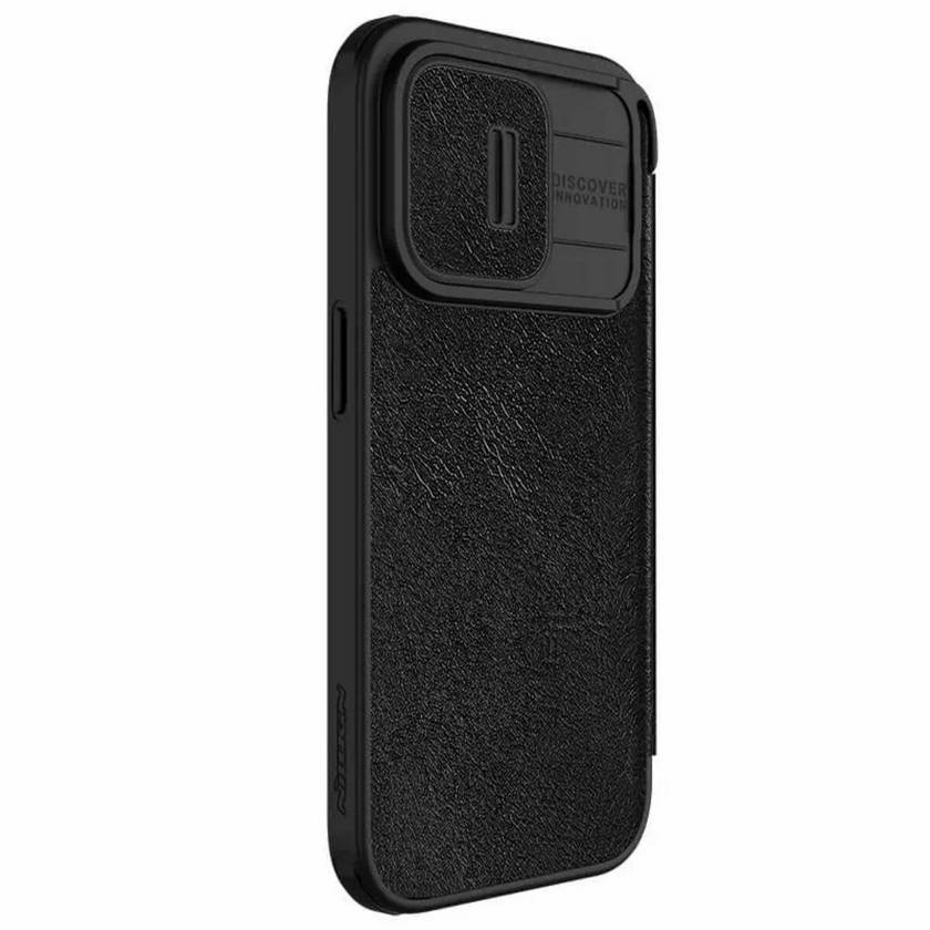 картинка Кожаный чехол-книжка Nillkin Leather Qin Pro c защитой камеры для iPhone 15 Pro (черный) от магазина КомпьютерЦентр