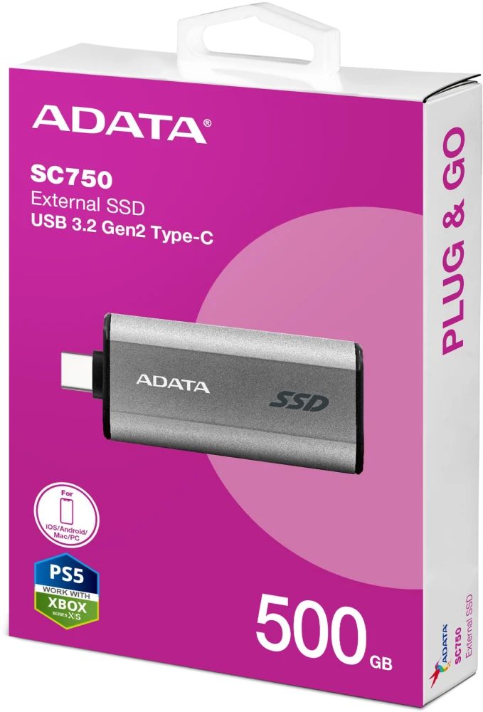 картинка SSD внешний 500 Гб AData SC750 Grey Portable USB3.2 Gen2 (SC750-500G-CCBK) от магазина КомпьютерЦентр
