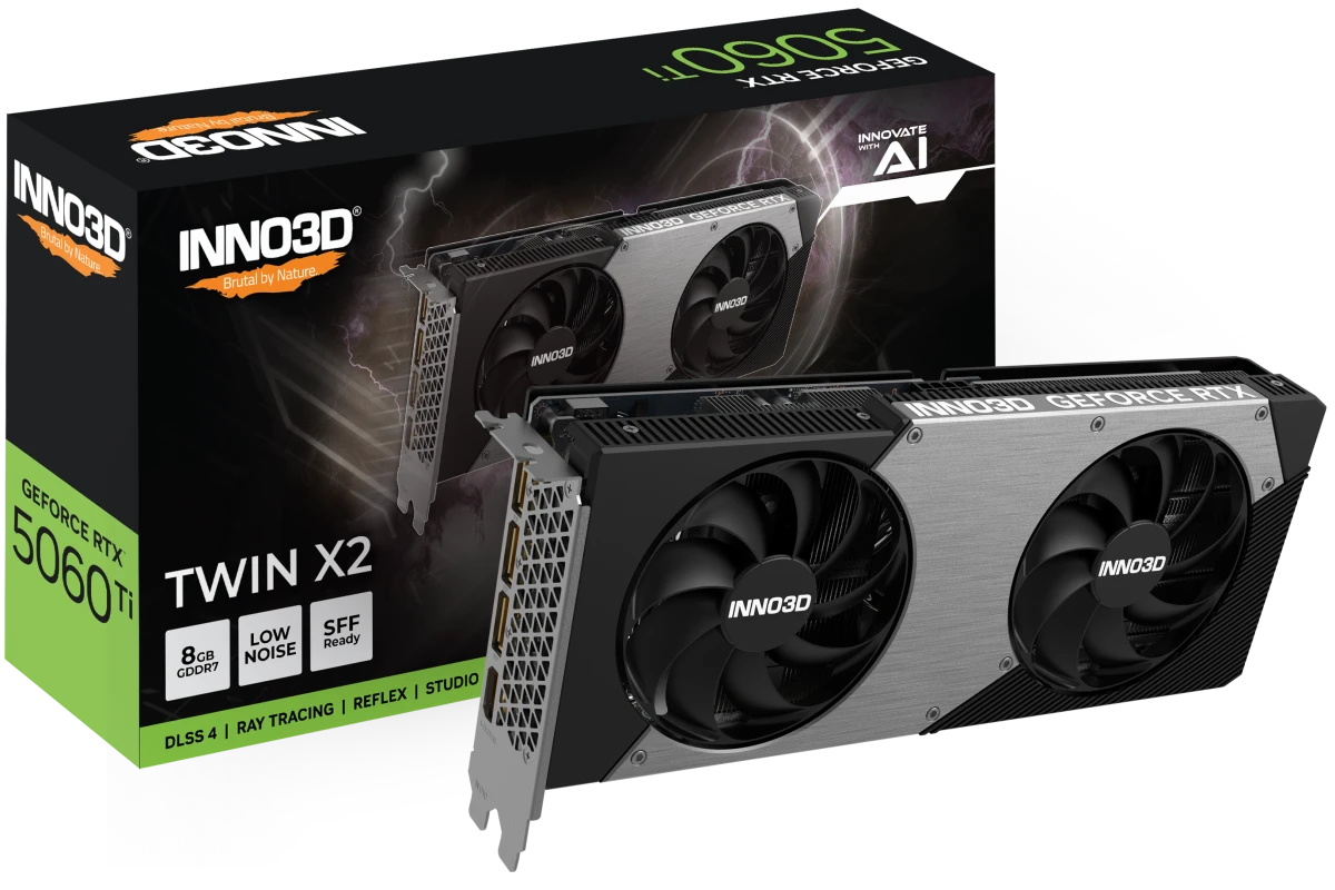 картинка Видеокарта 8Gb GDDR7 GeForce RTX 5060 Ti TWIN X2 OC Inno3D PCIe 5.0, 128-bit, 2407/ 28000/  HDMIx1/ DPx3 (N506T2-08D7X-193075N) от магазина КомпьютерЦентр