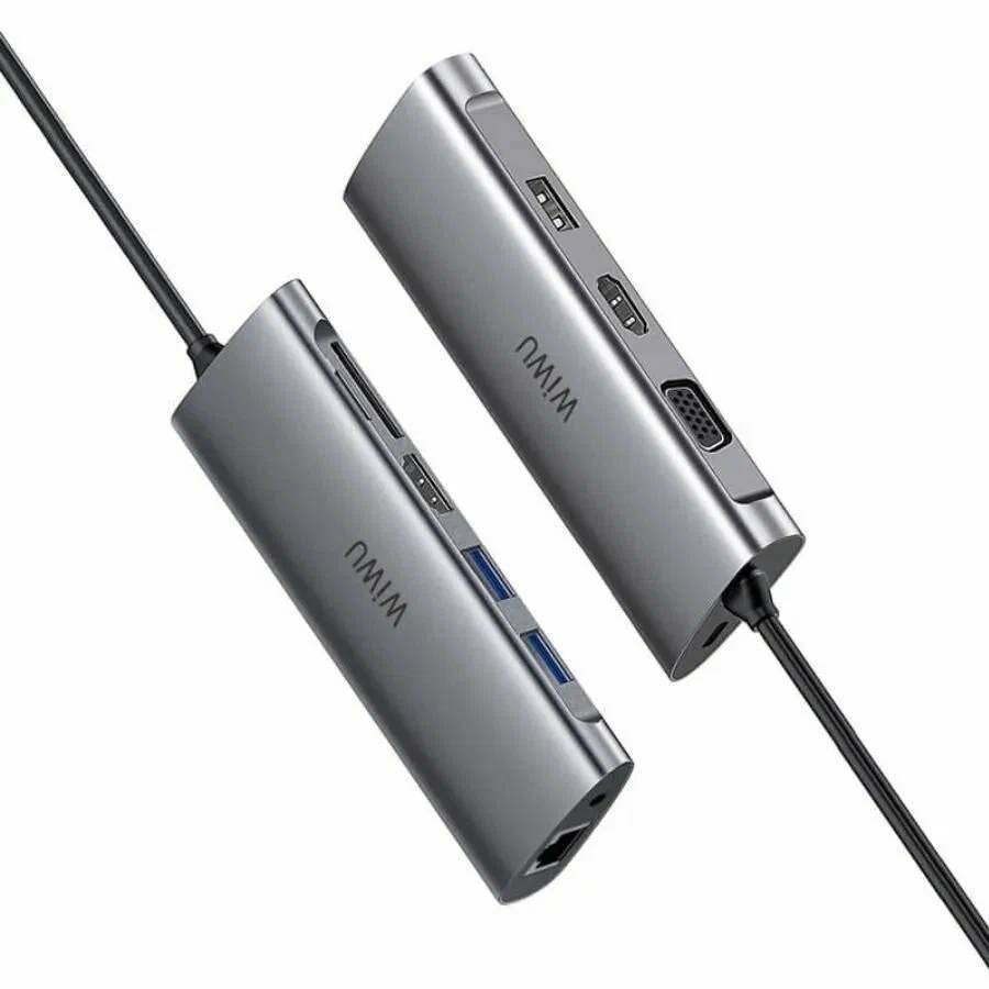 картинка HUB WiWU Alpha 11 in 1 Type-C to 3 x USB 3.0 + USB 2.0 + Type-C + RJ45 + HDMI + VGA + AUX 3,5mm + Cardreader Adapter Grey от магазина КомпьютерЦентр
