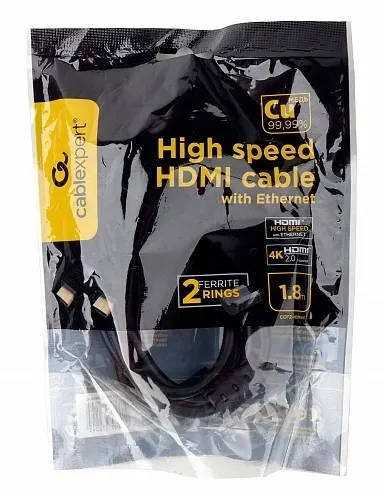 картинка Кабель HDMI Cablexpert CCF2-HDMI4-6, 1,8м, v2.0, 19M/ 19M, черный, позол.разъемы, экран, 2 ферр кольца, пакет от магазина КомпьютерЦентр