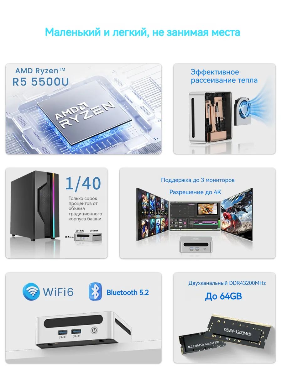 картинка Мини-ПК GenMachine MINI PC, AMD Ryzen 5 5500U/  16ГБ DDR4/  256ГБ SSD/  AMD Radeon Vega 7/  WiFi 6/  BT 5.2/  Win11 Pro от магазина КомпьютерЦентр