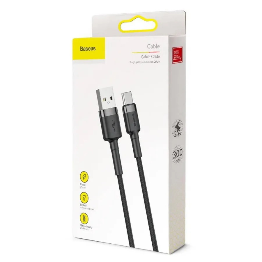 картинка Baseus Data Cable Type-C 300cm Cafule 2A CATKLF-UG1 Gray/ Black от магазина КомпьютерЦентр