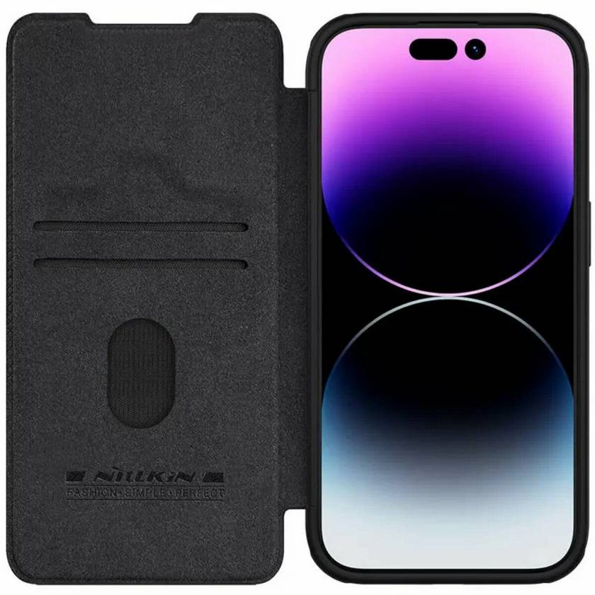 картинка Кожаный чехол-книжка Nillkin Leather Qin Pro c защитой камеры для iPhone 15 Pro (черный) от магазина КомпьютерЦентр