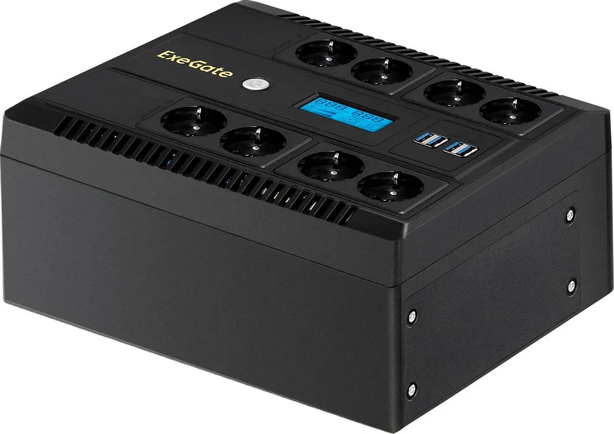 картинка ИБП ExeGate NEO Smart LHB-1000.LCD.AVR.8SH.CH.USB (EX293858RUS) 1000VA/ 650W, Black от магазина КомпьютерЦентр