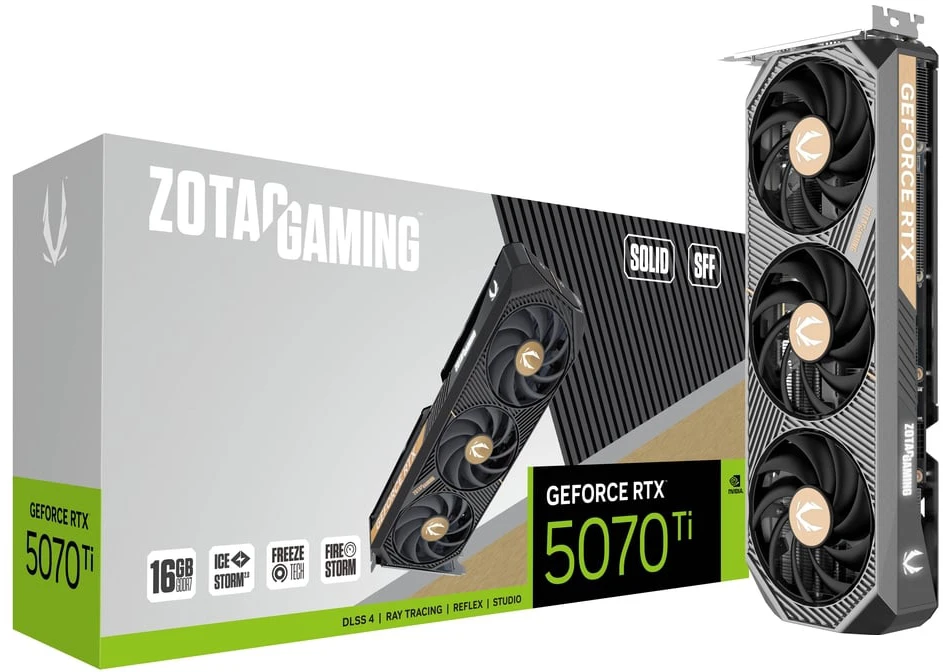 картинка Видеокарта 16Gb GDDR7 GeForce RTX 5070 Ti ZOTAC SOLID SFF; PCI-E 5.0; 256 bit; 2452/ 28000; DPх3, HDMIх1; 3 FAN (ZT-B50710D3-10P) от магазина КомпьютерЦентр