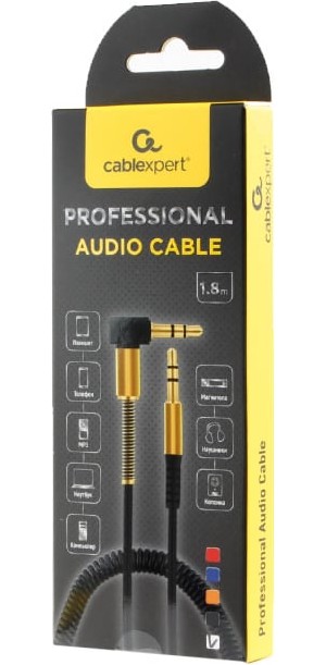 картинка Кабель аудио (угловой) спиральный Cablexpert CCAB-02-35MMLC-1.8MB. 3.5 джек (M)/ 3.5 джек (M), черный, 1.8м, блистер от магазина КомпьютерЦентр
