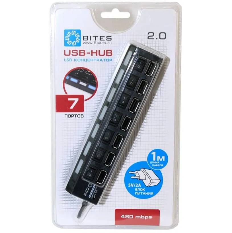 картинка HUB 7-port 5bites 7*USB2.0 БП 5В-2А 1M BLACK (HB27-203PBK) от магазина КомпьютерЦентр