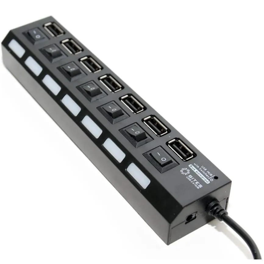 картинка HUB 7-port 5bites 7*USB2.0 БП 5В-2А 1M BLACK (HB27-203PBK) от магазина КомпьютерЦентр