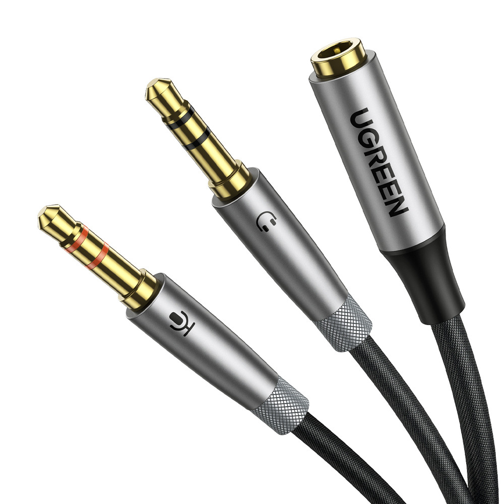 картинка Аудио разветвитель Ugreen AV193 AUX Jack 3.5 (f)/  2xJack 3.5 (m) наушники + микрофон, в оплетке (серый) (50255) от магазина КомпьютерЦентр