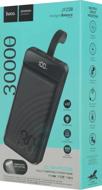 картинка Внешний аккумулятор Hoco J123B 22.5W+PD20W fully compatible power bank with digital display (30000mAh) black от магазина КомпьютерЦентр
