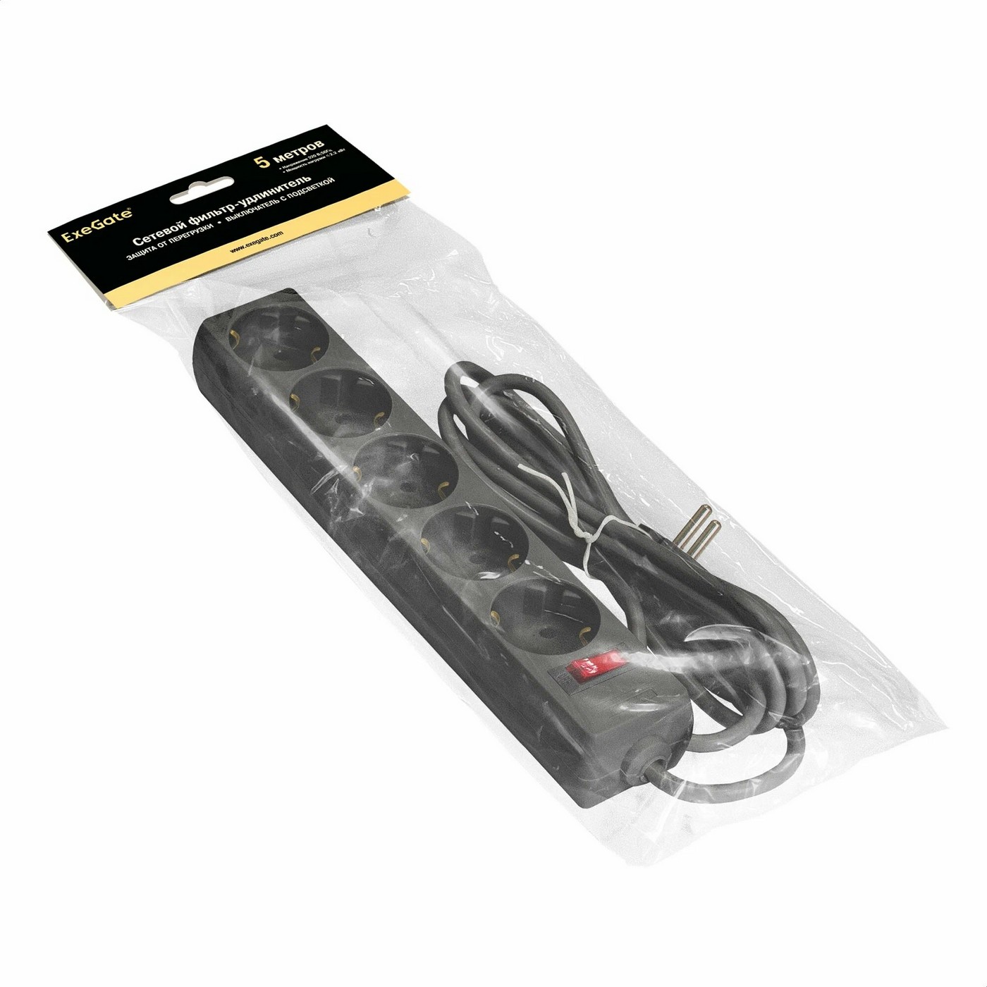 картинка Сетевой фильтр 5 м, ExeGate, 5 розеток (EX221188RUS) Black (SP-5-5B) евровилка от магазина КомпьютерЦентр