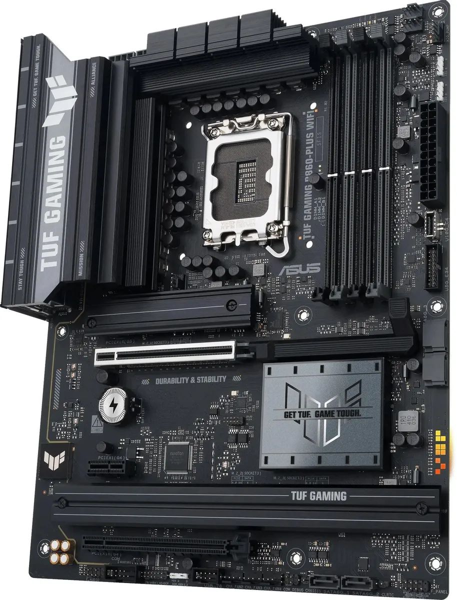 картинка Материнская плата ASUS TUF GAMING B860-PLUS WIFI LGA1851, Intel B860, 4xDDR5-6400 МГц, PCI-E 5.0 x16, PCI-E 4.0 x16, PCI-E x1, 3xM.2, Wi-Fi 7, BT 5.4, Standard-ATX от магазина КомпьютерЦентр