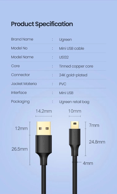 картинка Кабель USB 2.0 a->mini b 5-pin 1м Ugreen 10355 от магазина КомпьютерЦентр