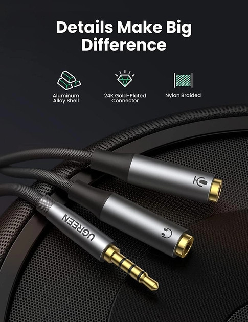 картинка Аудио разветвитель Ugreen AV192 Jack 3.5 (m)/  2xJack 3.5 (f) наушники + микрофон, в оплетке (серый) (50254) от магазина КомпьютерЦентр