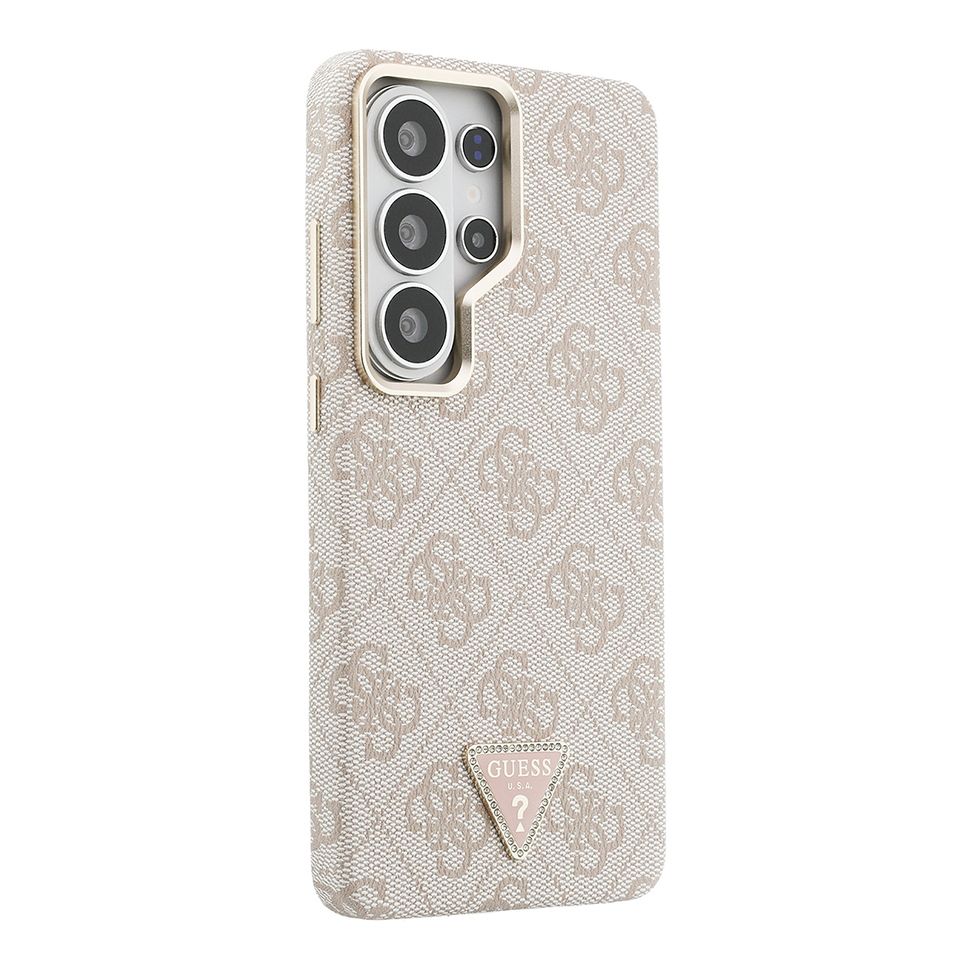 картинка Чехол Guess для Galaxy S26 Ultra PU 4G Triangle Diamond metal logo Gold camera Hard Pink (MagSafe) от магазина КомпьютерЦентр
