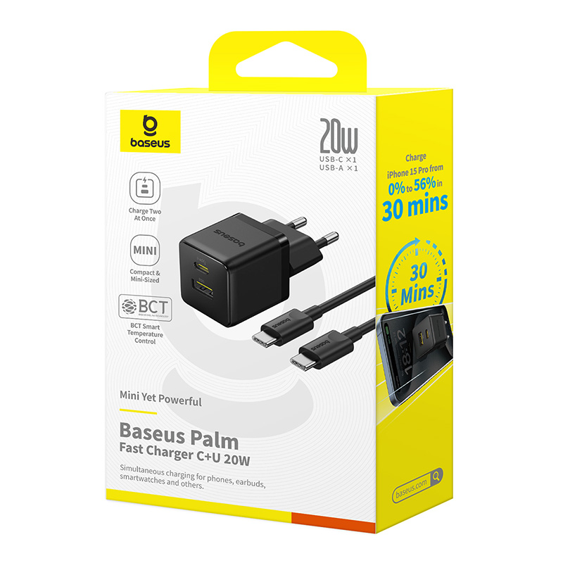 картинка СЗУ Baseus Palm Fast Charger C+U 20W EU Cluster Black (with Cable USB-C to USB-C 60W) от магазина КомпьютерЦентр