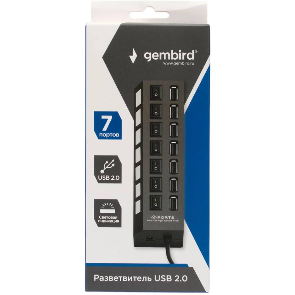 картинка HUB 7-port Gembird UHB-U2P7-01 7хUSB, с доп. питанием, подсветка и выключатели, кабель USB 55см, черный, коробка от магазина КомпьютерЦентр