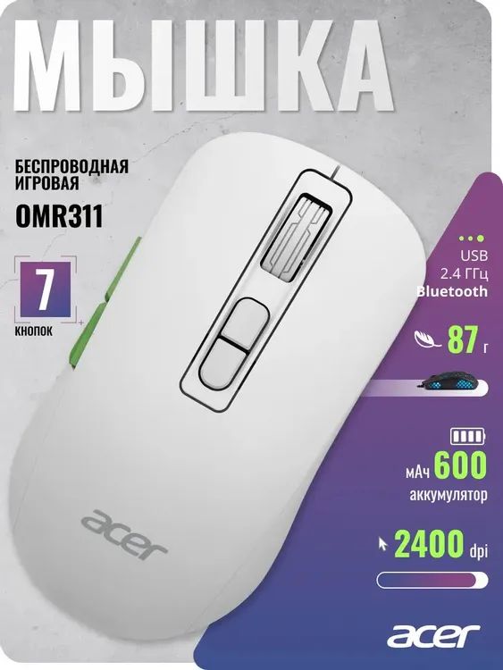 картинка Мышка Acer OMR311, оптическая, беспроводная, 2400dpi, BT/ Radio USB, 7but, белый (ZL.MCECC.034) от магазина КомпьютерЦентр