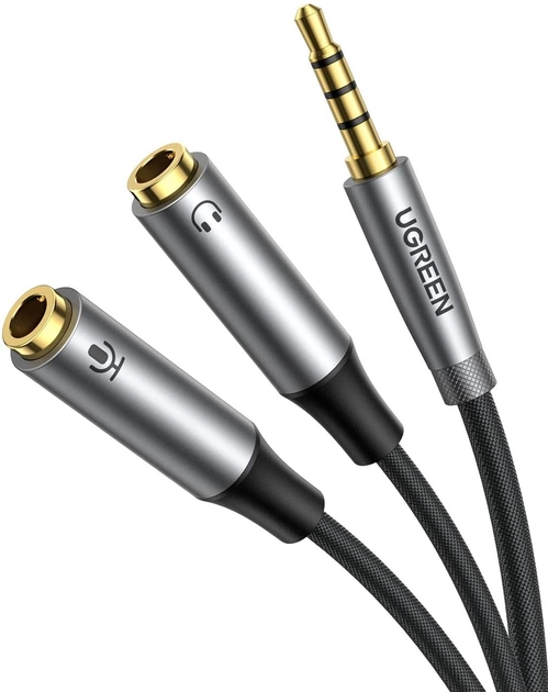 картинка Аудио разветвитель Ugreen AV192 Jack 3.5 (m)/  2xJack 3.5 (f) наушники + микрофон, в оплетке (серый) (50254) от магазина КомпьютерЦентр