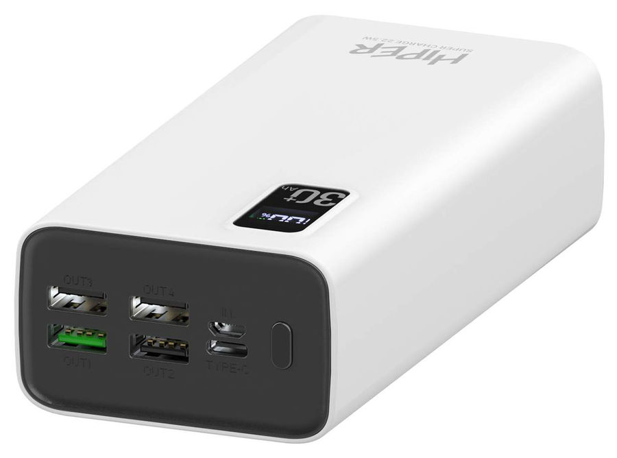 картинка Дополнительный внешний аккумулятор Hiper Fast 30000 30000mAh 5A QC PD 4xUSB White от магазина КомпьютерЦентр