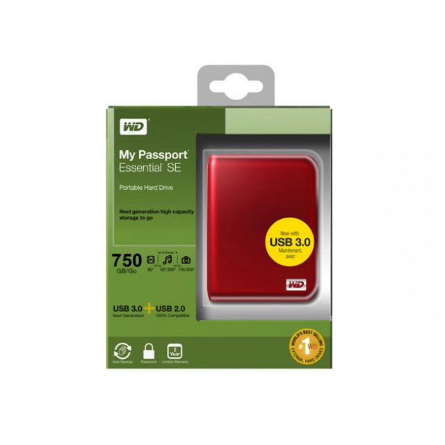 картинка Жесткий диск внешний Western Digital 750Gb My Passport Essential SE 2.5″ Красный USB 3.0 (WDBACX7500ARD-EESN) от магазина КомпьютерЦентр