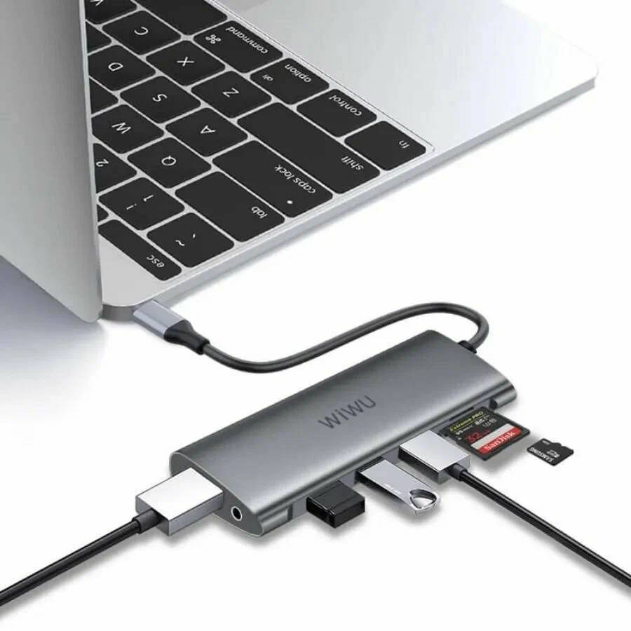 картинка HUB WiWU Alpha 11 in 1 Type-C to 3 x USB 3.0 + USB 2.0 + Type-C + RJ45 + HDMI + VGA + AUX 3,5mm + Cardreader Adapter Grey от магазина КомпьютерЦентр