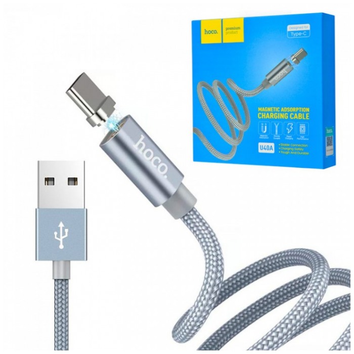 картинка Дата-кабель HOCO Data Cable Type-C Magnetic adsorption 2A 100cm Metal Gray (U40A Type-C) от магазина КомпьютерЦентр