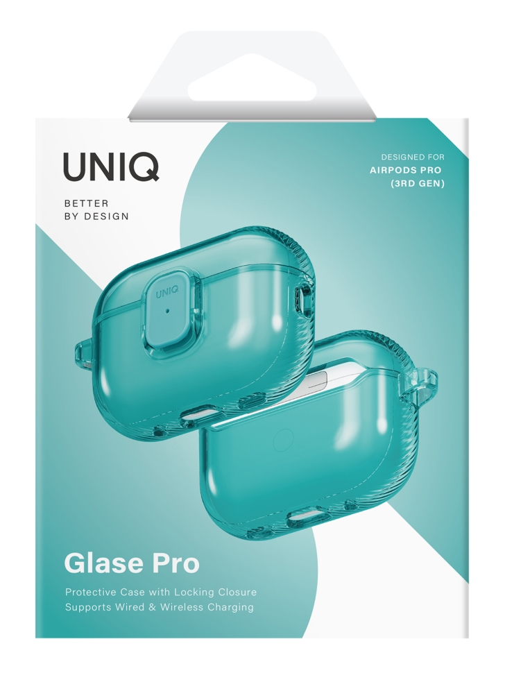 картинка Чехол Uniq Glase PRO TPU Lock Glossy Teal для AirPods Pro 3, зеленый от магазина КомпьютерЦентр