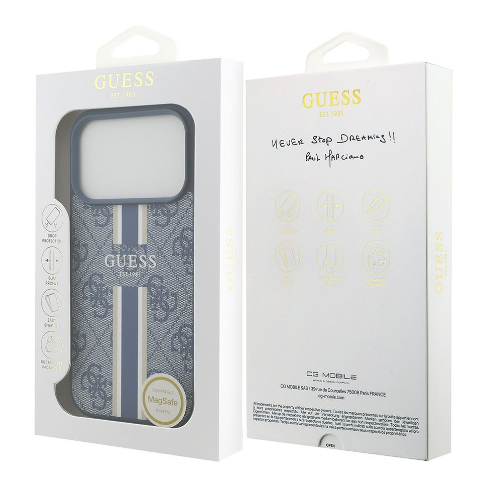 картинка Чехол Guess для iPhone 17 Pro Max PU 4G Stripes Hard Blue (MagSafe) от магазина КомпьютерЦентр