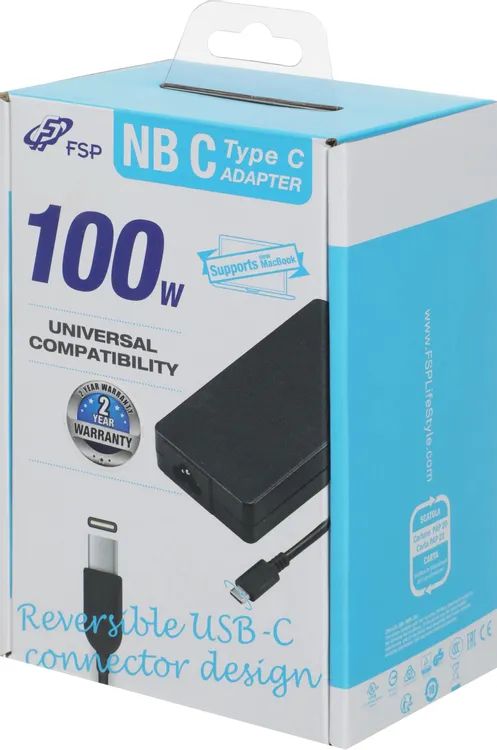 картинка Адаптер питания FSP NB C 100W (FSP100-A1BR3) AC-DC 100W Adapter, Вход C6 (для ноутбучного кабеля), Кабель 1000мм, Выход USB Type-C, 5V/ 9V/ 12V/ 15V/ 20V автовыбор. от магазина КомпьютерЦентр