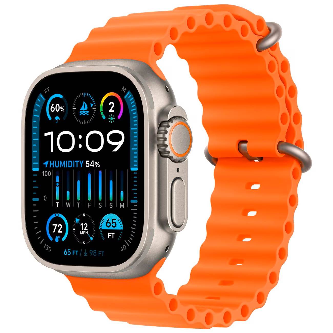картинка Apple Watch Ultra 2 49mm Titanium Case with Orange Ocean Band (MREH3) от магазина КомпьютерЦентр