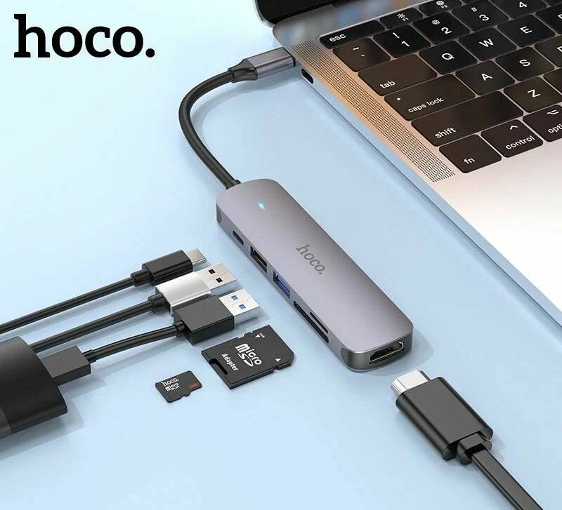 картинка HUB Hoco HB28 Type-C multi-function converter (HDTV + USB 3.0 + USB 2.0 + SD + TF +PD) Metal Gray от магазина КомпьютерЦентр