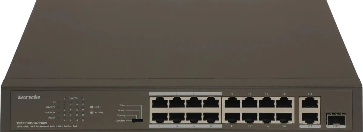 картинка Switch 16-port Tenda TEF1118P-16-150W Поддержка PoE портов-17, неуправляемый, 1000 Мбит/ сек, 100 Мбит/ сек, SFPx1, PoE, бюджет PoE 130 Вт от магазина КомпьютерЦентр