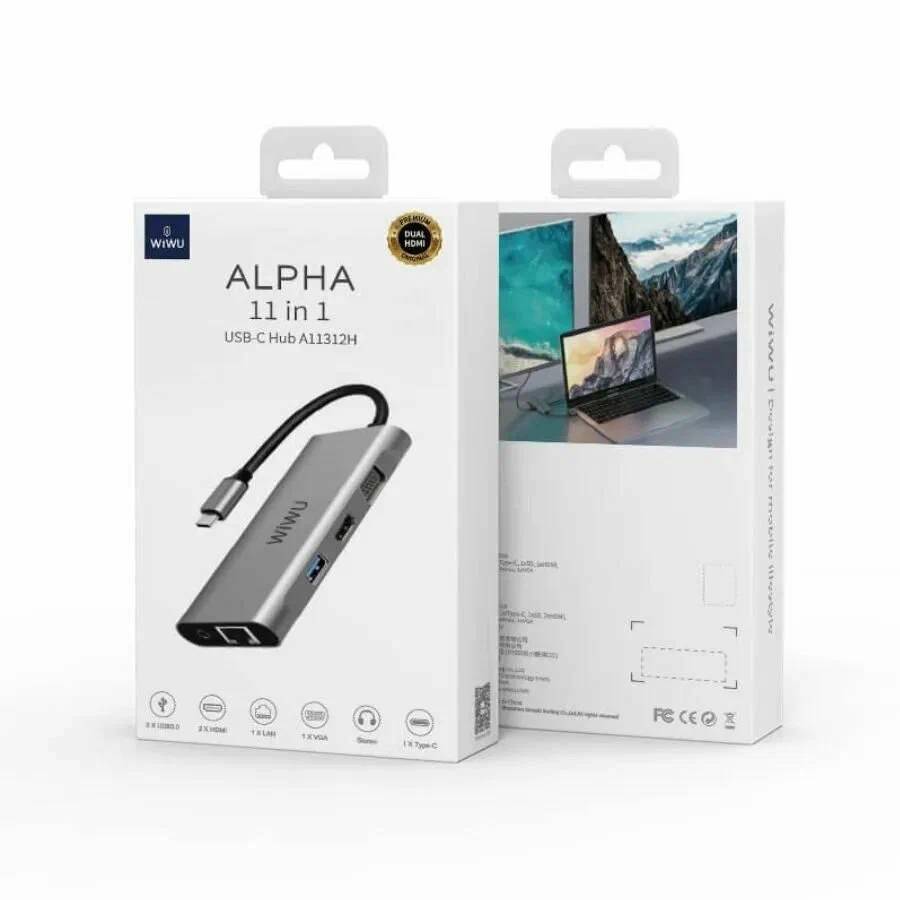 картинка HUB WiWU Alpha 11 in 1 Type-C to 3 x USB 3.0 + USB 2.0 + Type-C + RJ45 + HDMI + VGA + AUX 3,5mm + Cardreader Adapter Grey от магазина КомпьютерЦентр