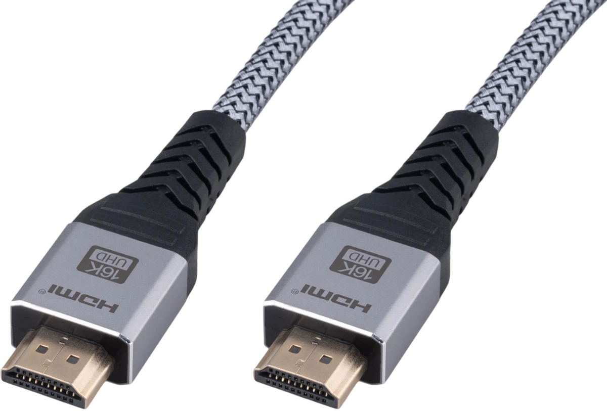 картинка Кабель HDMI Cablexpert CCP-HDMI16K-1M, 19M/ 19M, v2.2, 16K, медь, тройной экран, позол.контакты, нейлон.оплетка, метал.коннекторы, 1м, серый, коробка (24105) от магазина КомпьютерЦентр
