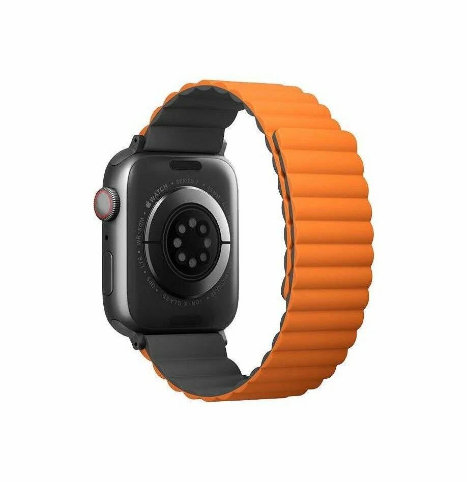 картинка Ремень силиконовый Uniq REVIX для Apple Watch 49/ 45/ 44/ 42, цвет серый/ оранжевый (45MM-REVGRYORG) от магазина КомпьютерЦентр