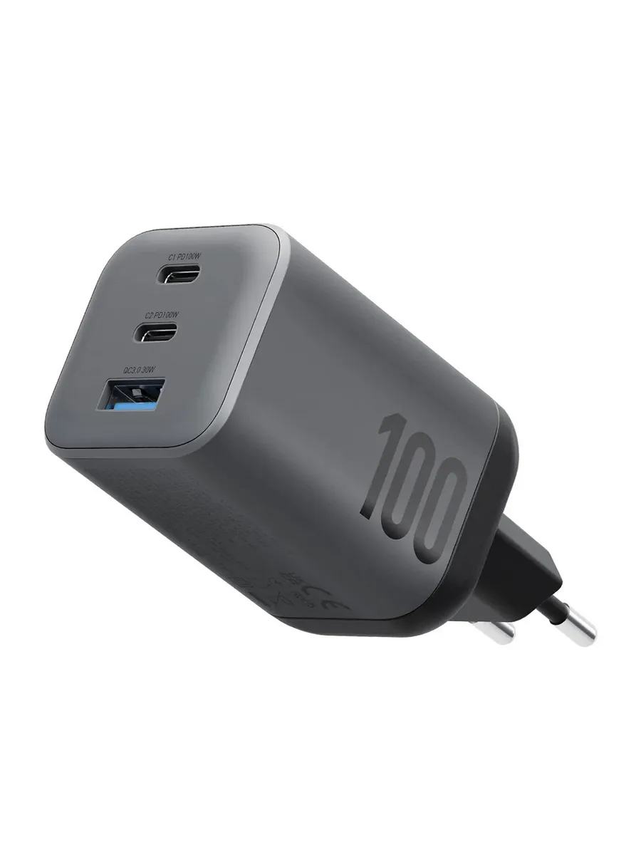 картинка Сетевая зарядка Energea AmpCharge Mini GaN100, 2USB-C PD100 + USB-A QC3.0 total 100W Gunmetal от магазина КомпьютерЦентр