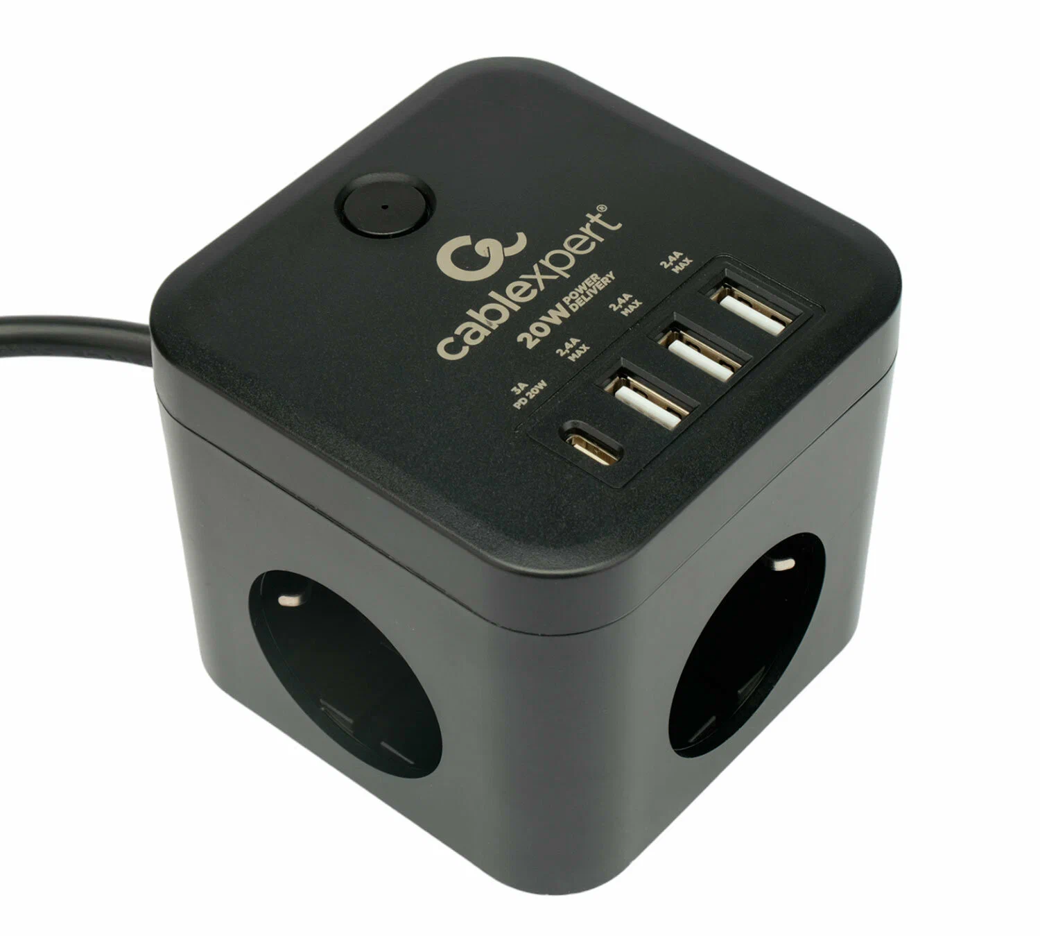 картинка Сетевой фильтр 1,5 м, Cablexpert Cube (CUBE-3-CU3-B-1.5) 3р, 10А, 1xType-C PD, 3xUSB, ур.защиты 4+, черный, коробка от магазина КомпьютерЦентр