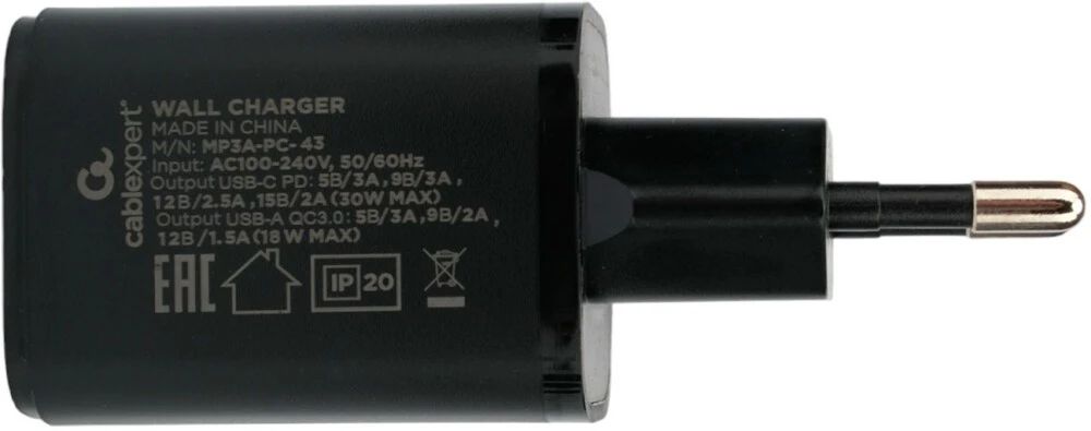 картинка Зарядное устройство Cablexpert MP3A-PC-43 сетевое 30Вт, 3А, быстрая зарядка QC3.0/ PD, 2 порта: USB и Type-C, черный, пакет от магазина КомпьютерЦентр