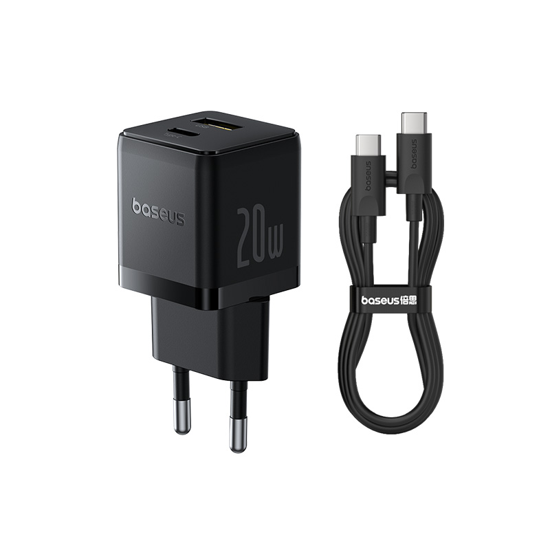картинка СЗУ Baseus Palm Fast Charger C+U 20W EU Cluster Black (with Cable USB-C to USB-C 60W) от магазина КомпьютерЦентр