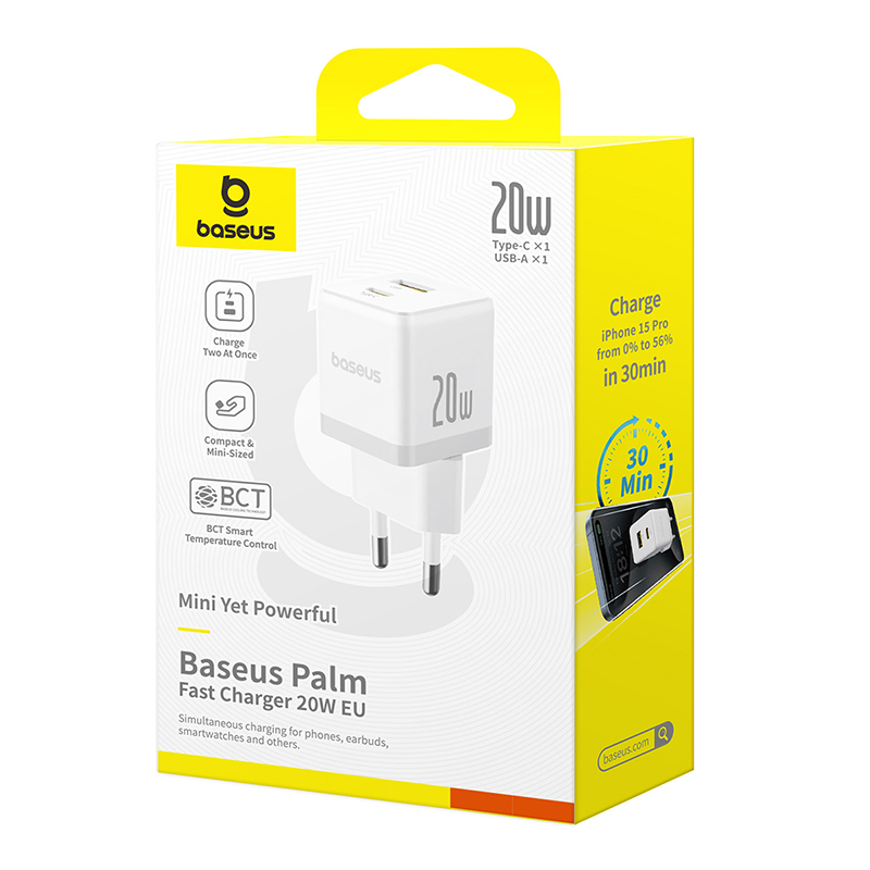 картинка СЗУ Baseus Palm Fast Charger C+U 20W EU Moon White (with Cable USB-C to USB-C 60W) от магазина КомпьютерЦентр