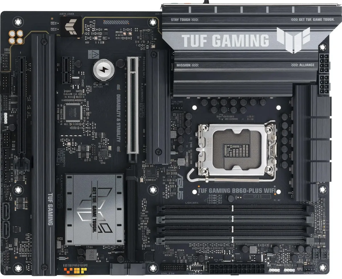 картинка Материнская плата ASUS TUF GAMING B860-PLUS WIFI LGA1851, Intel B860, 4xDDR5-6400 МГц, PCI-E 5.0 x16, PCI-E 4.0 x16, PCI-E x1, 3xM.2, Wi-Fi 7, BT 5.4, Standard-ATX от магазина КомпьютерЦентр