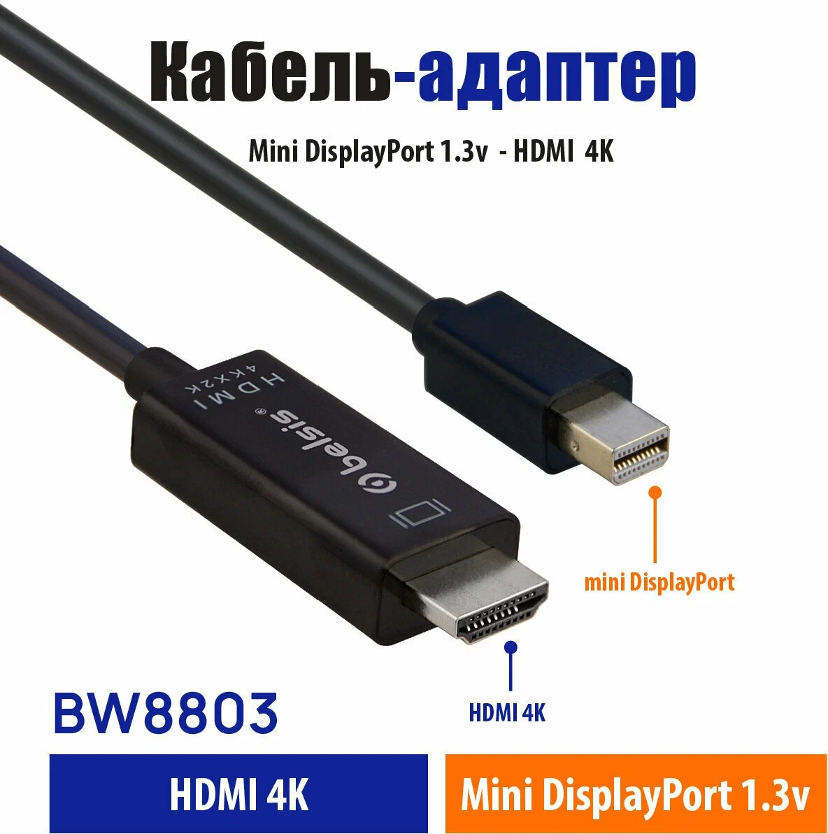 картинка Кабель-переходник Belsis mini DisplayPort 1.3v - HDMI 4K*2K, 1.8 м, черный (BW8803) от магазина КомпьютерЦентр