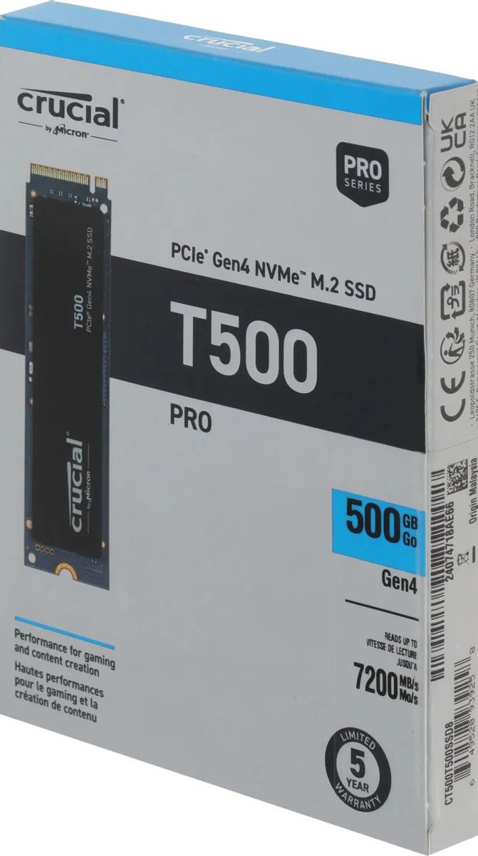 картинка SSD накопитель 500Gb Crucial T500 Client SSD CT500T500SSD8 PCIe Gen4x4 with NVMe, 7200/ 5700, TLC, 300TBW от магазина КомпьютерЦентр