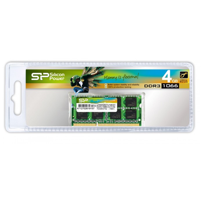 картинка Оперативная память SiliconPower SO-DIMM DDR3 4Gb 1066MHz PC3-8500 (SP004GBSTU106V02) от магазина КомпьютерЦентр