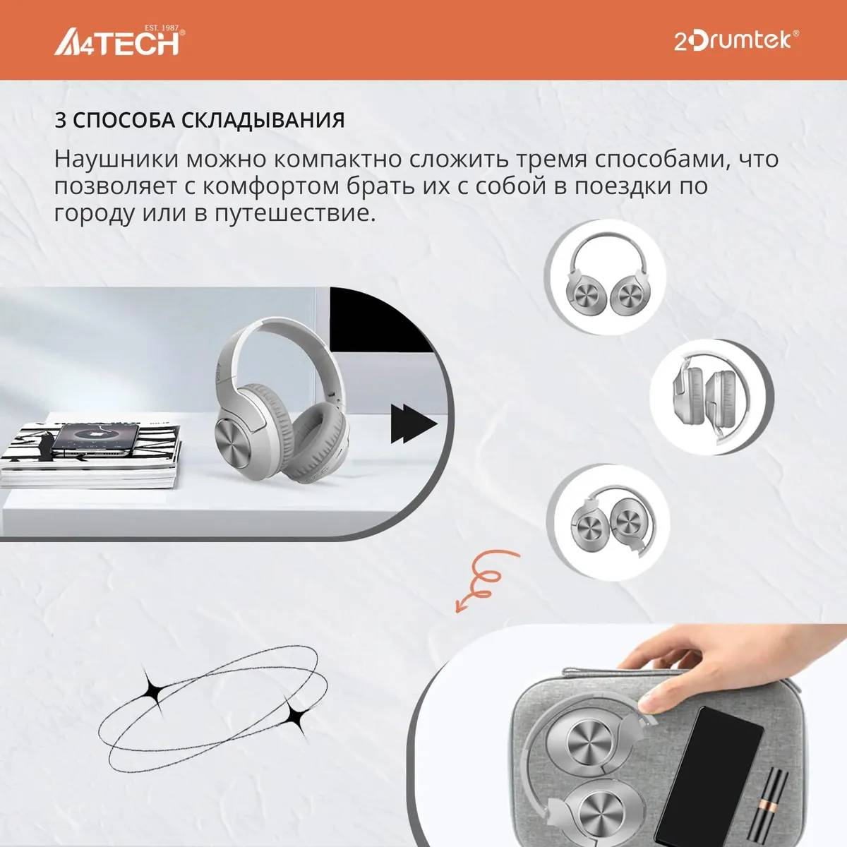 картинка Bluetooth-гарнитура A4Tech 2Drumtek BH300 1м белый/ серый беспроводные (BH300 GRAYISH WHITE) от магазина КомпьютерЦентр