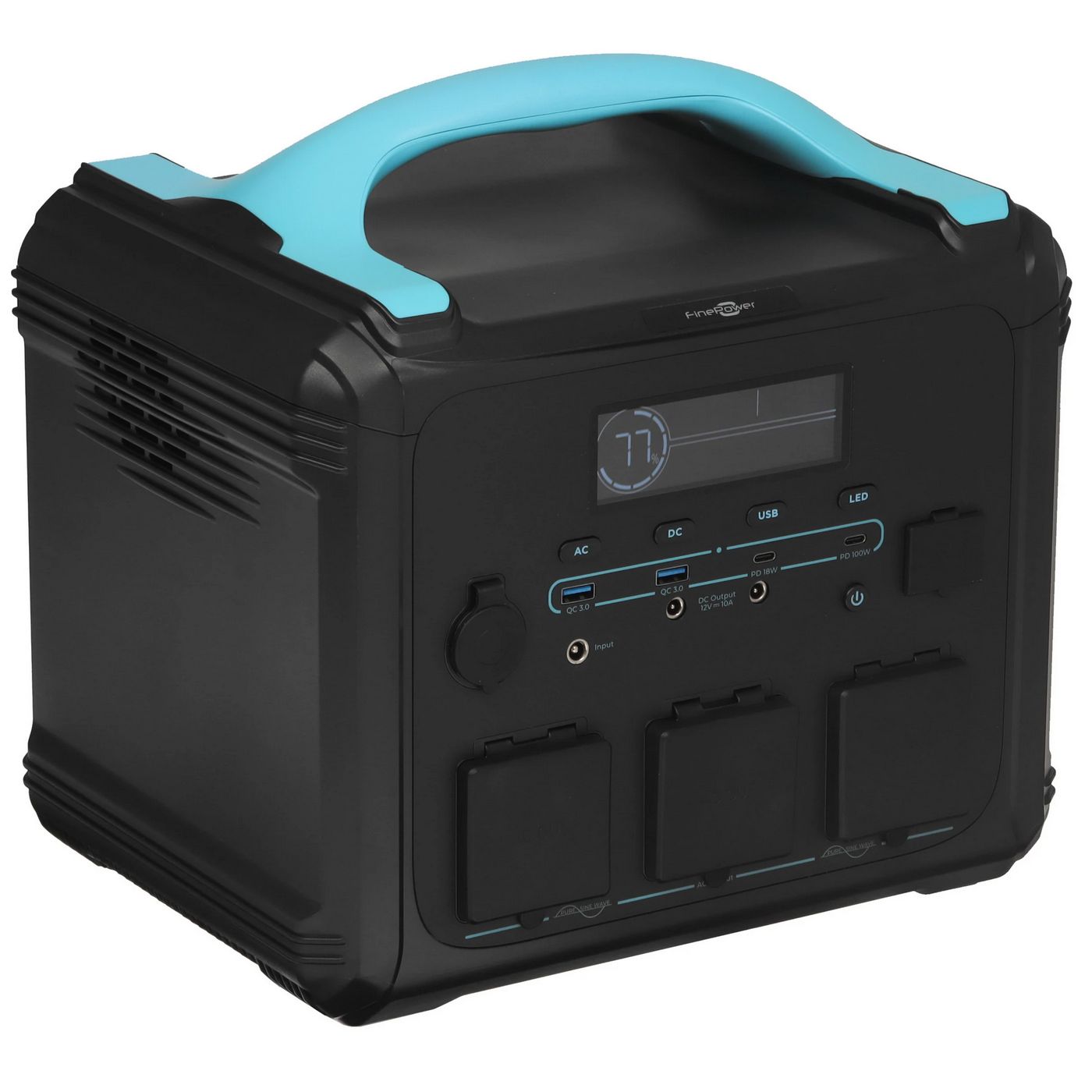 картинка Портативная станция FinePower Zeus 1000 (1102,5Wh/ 2,4kW, 2xUSB-A(out), 2xUSB-C(in/ out), DC(iout) 3xAC(in/ out), MPPT, LMFP, 15 кг, черный) от магазина КомпьютерЦентр